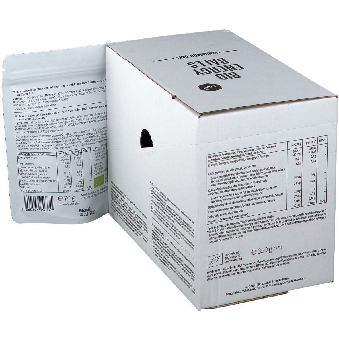 Emballage en carton avec informations sur le produit et tableau nutritionnel. Un sachet avec informations sur le produit est à côté. Inscriptions en plusieurs langues.