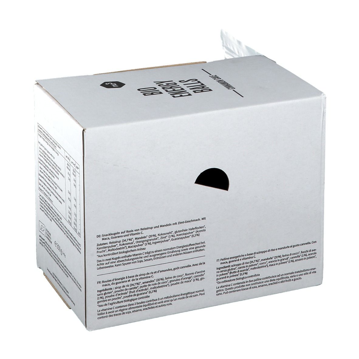 Emballage en carton blanc avec l'inscription "BIO ENERGY BALLS". Dos avec informations sur le produit et tableau nutritionnel. Inscriptions en plusieurs langues.