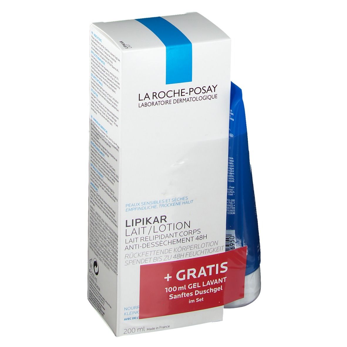 Weißer Karton mit blauem Streifen und Schriftzug La Roche-Posay. Enthält eine blaue Tube und einen roten Aufkleber.