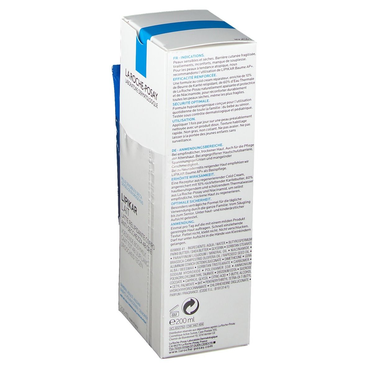 Weiße Schachtel mit blauem Streifen und Text. Aufschrift La Roche-Posay und Lipikar Lait.