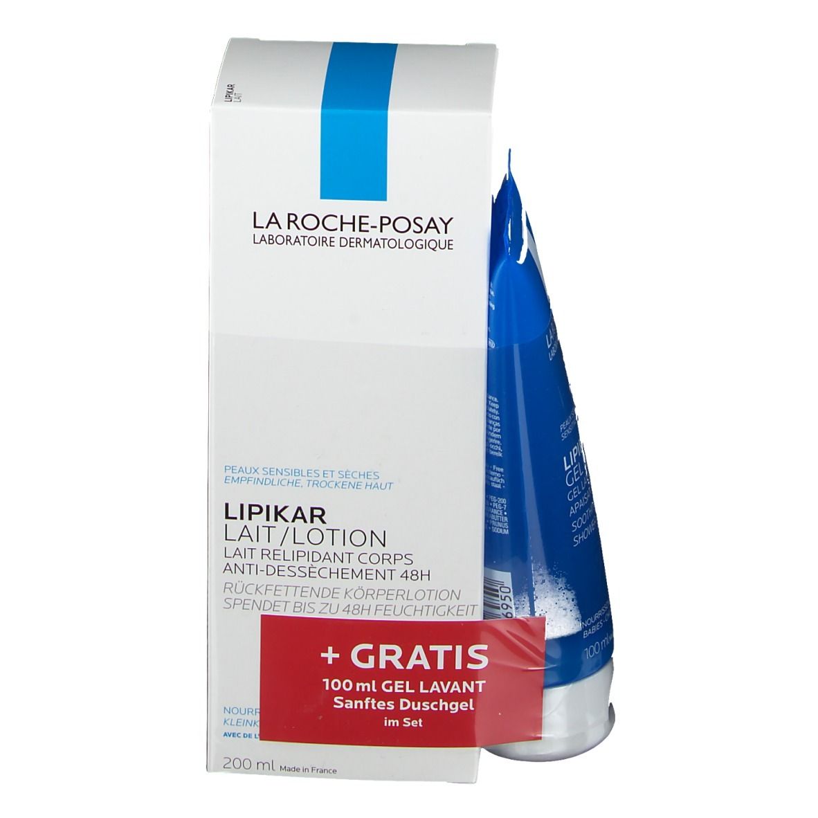 Weiße Schachtel mit blauem Streifen und Schriftzug La Roche-Posay. Enthält eine blaue Tube und einen roten Aufkleber.