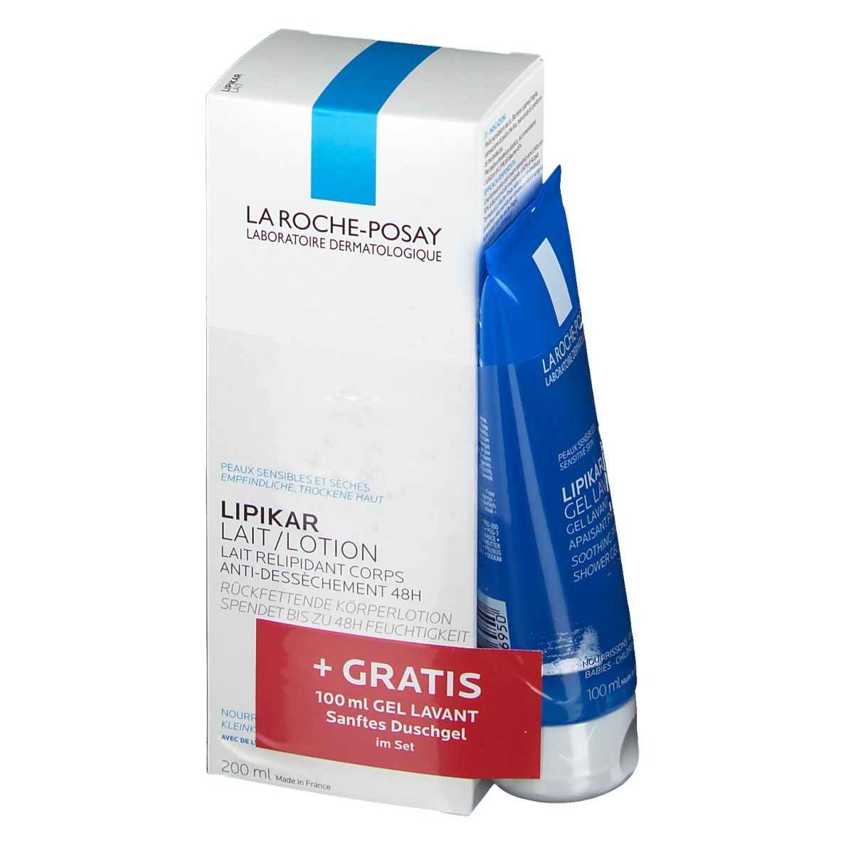 Weiße Schachtel mit blauem Streifen und Schriftzug La Roche-Posay. Daneben eine blaue Tube.