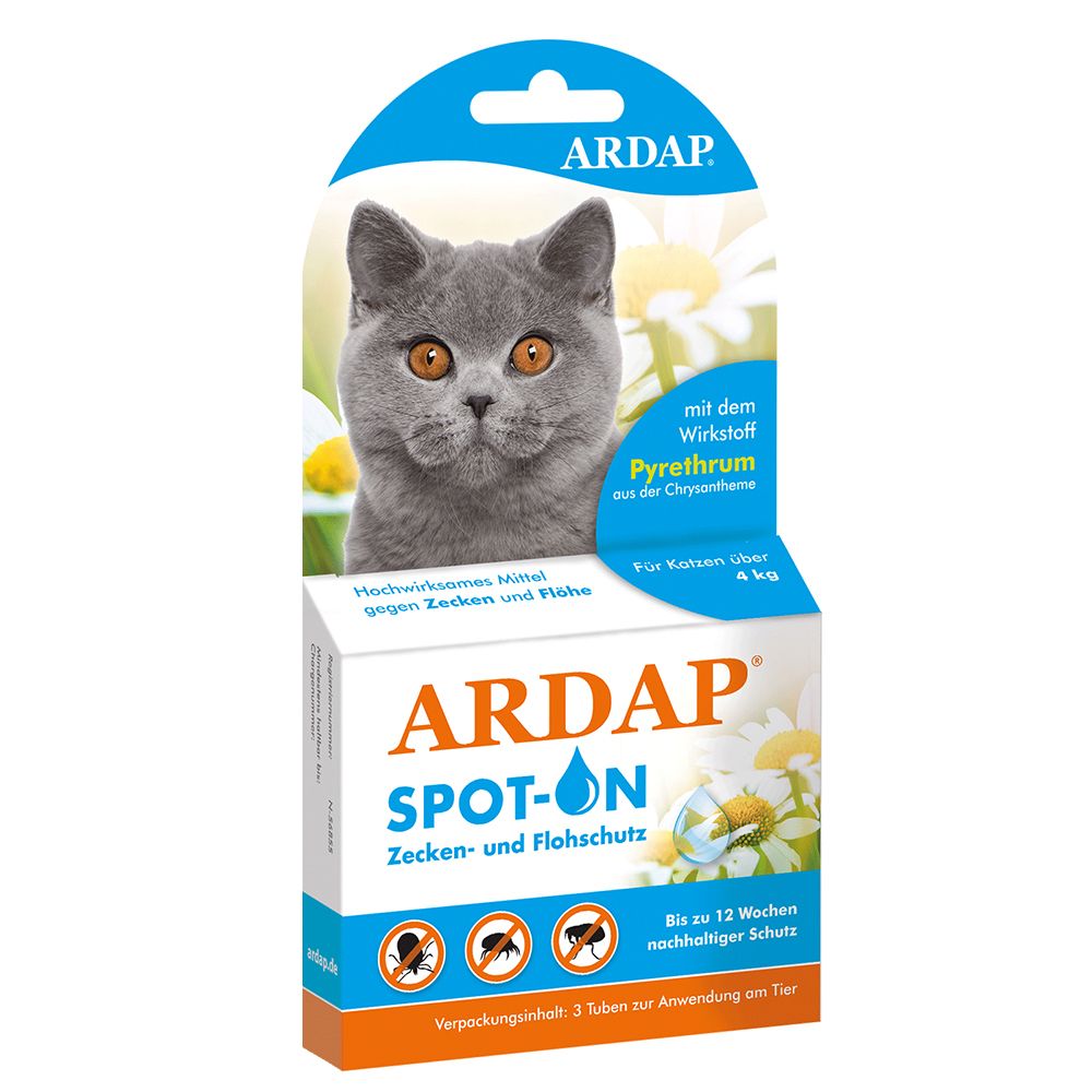 Verpackung von ARDAP Spot-On für Katzen. Oben ein Katzenkopf, darunter Produktname und Hinweise gegen Zecken und Flöhe.
