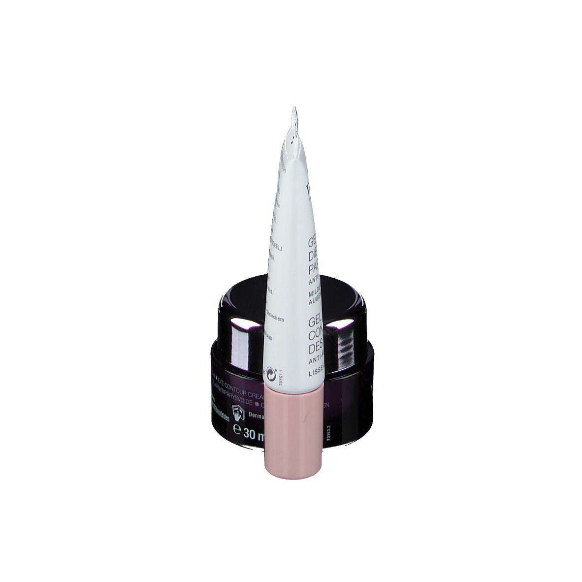 Augencreme-Tiegel und Gel-Tube. Die Tube steckt in der Creme. Auf der Creme steht '30 ml'.