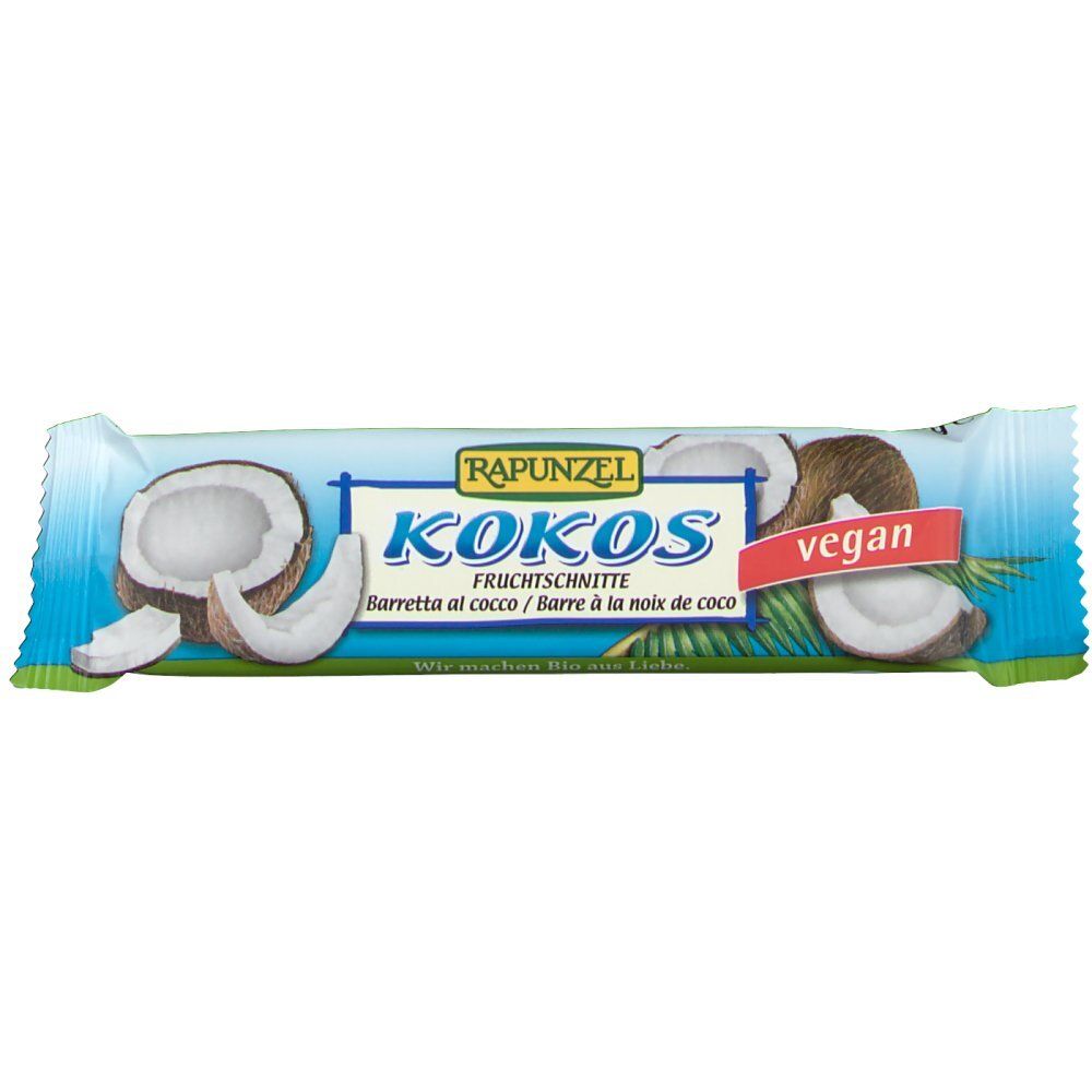 Verpackte Fruchtschnitte Kokos. Blaue Verpackung mit Kokosnuss-Illustrationen und Text. Vegan-Label.