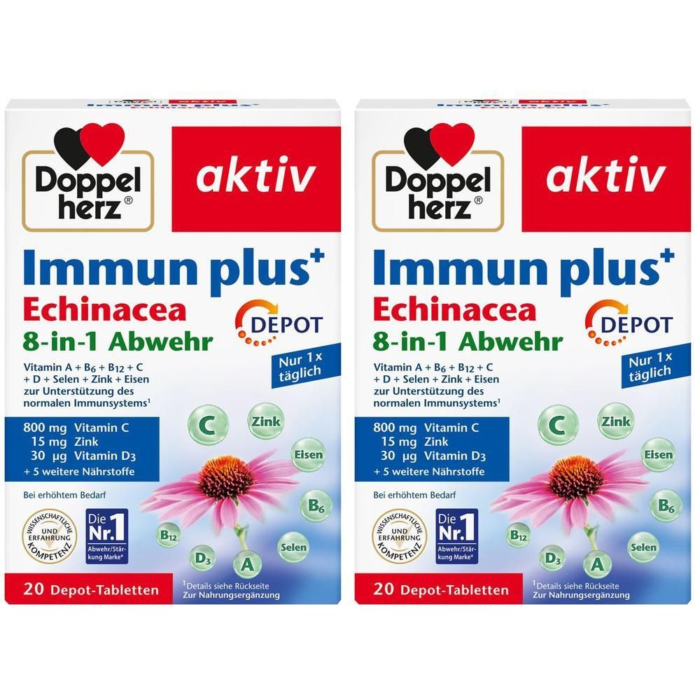Zwei Packungen Doppelherz Immun plus Echinacea 8-in-1 Abwehr Depot-Tabletten.