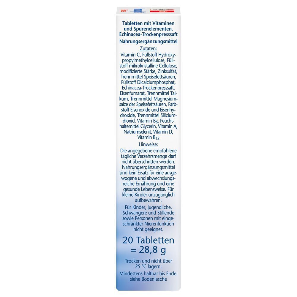 Seitenansicht einer Packung Doppelherz Immun plus Echinacea mit Zutatenliste und Anwendungshinweisen.