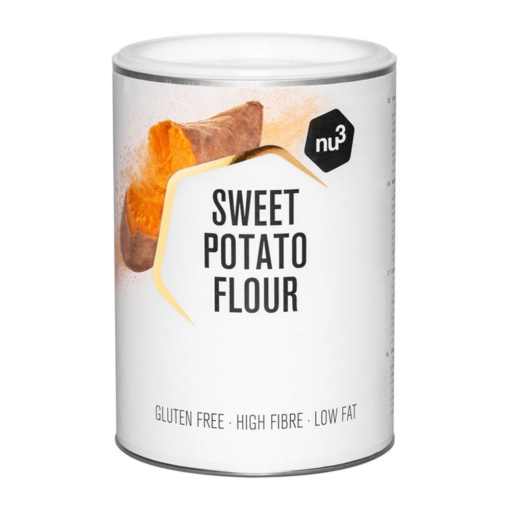 Weißes Behältnis mit Aufschrift "Sweet Potato Flour". Logo "nu3". Glutenfrei, reich an Ballaststoffen, fettarm. Abbildung Süßkartoffel.