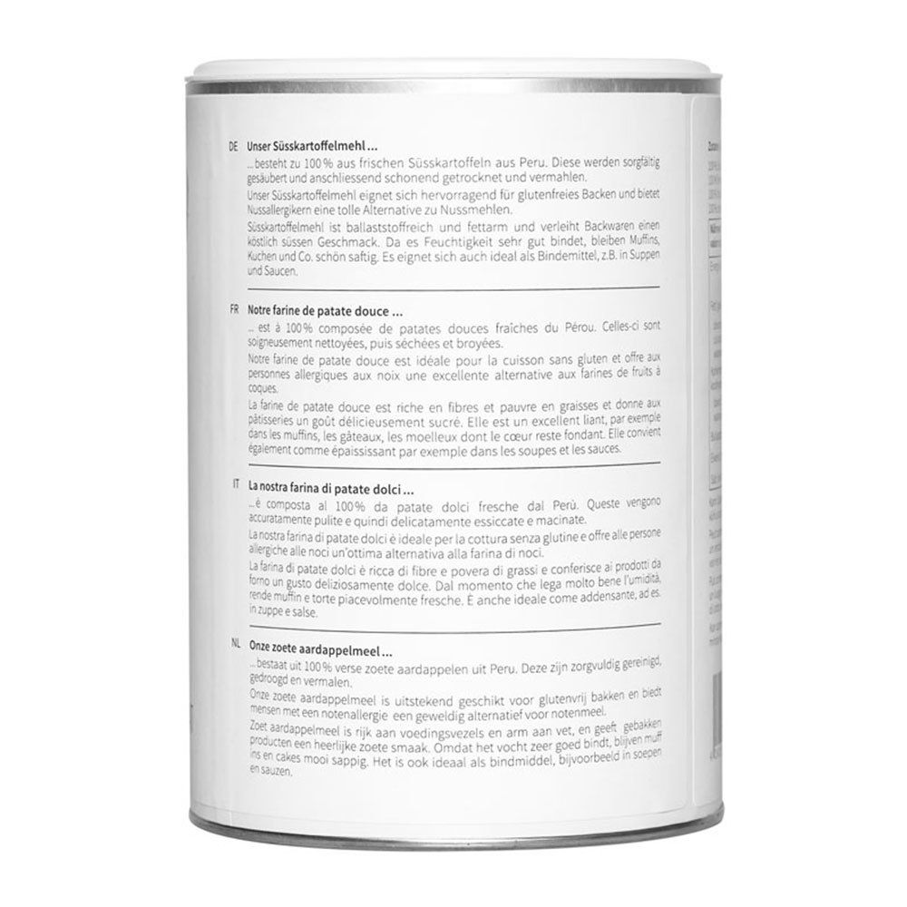 Rückseite der Dose mit Text in Deutsch, Französisch, Italienisch und Niederländisch. Beschreibung des Produkts, Zutaten und Nährwerte.