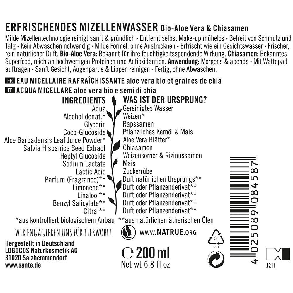 SANTE Naturkosmetik Erfrischendes Mizellenwasser Bio-Aloe Vera & Chiasamen  200 ml - SHOP APOTHEKE