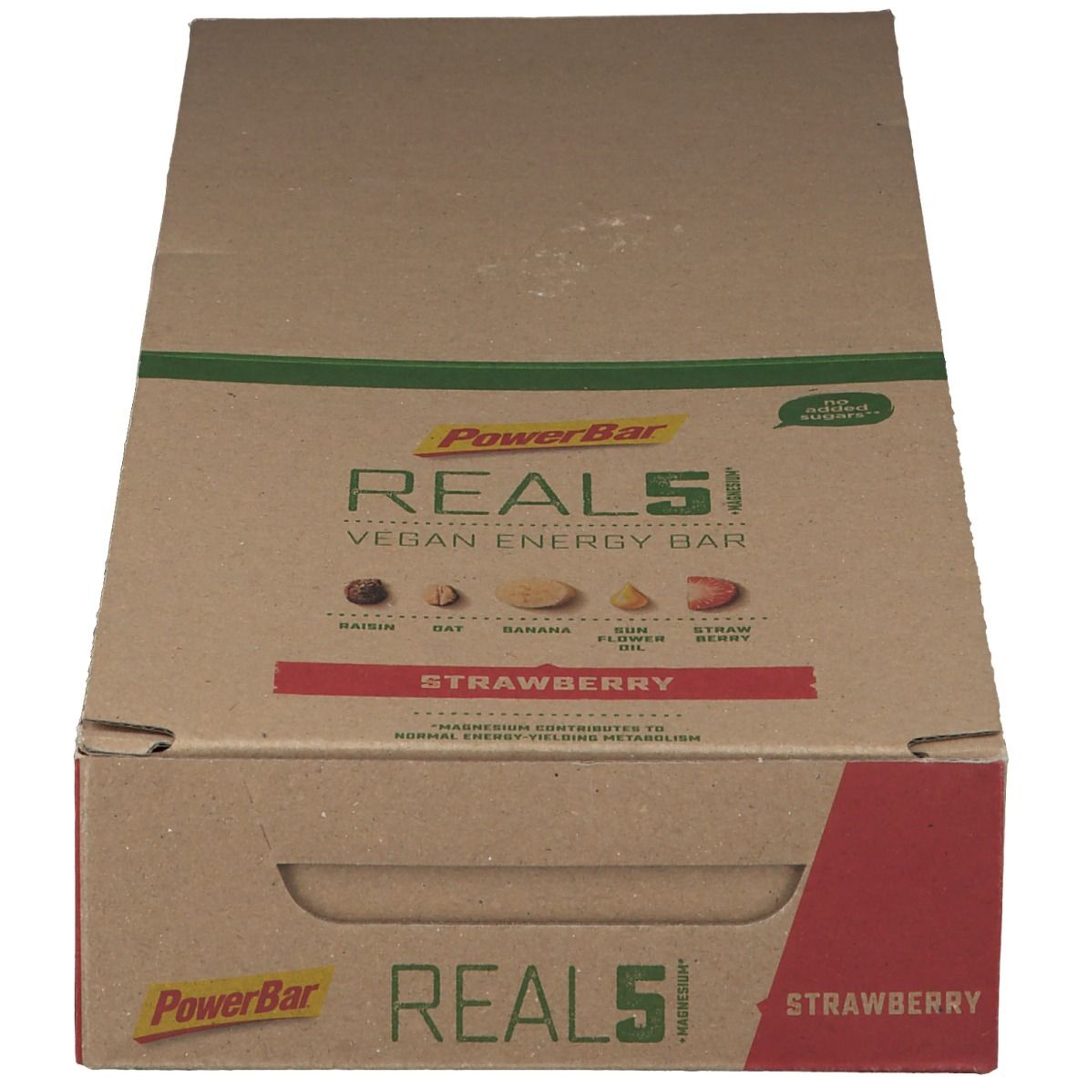Kartonverpackung der PowerBar Real5 Energy Bar Erdbeere. Aufdrucke: PowerBar, REAL5, Vegan Energy Bar, Erdbeere. Grün-braune Farbgebung.
