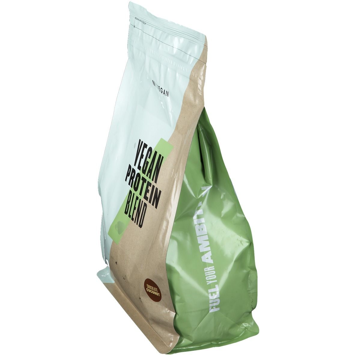 Beutel 'Vegan Protein Blend'. Marke Myvegan. Grün, Beige und Weiß. Seitenansicht. Aufschrift 'Fuel your ambition'.