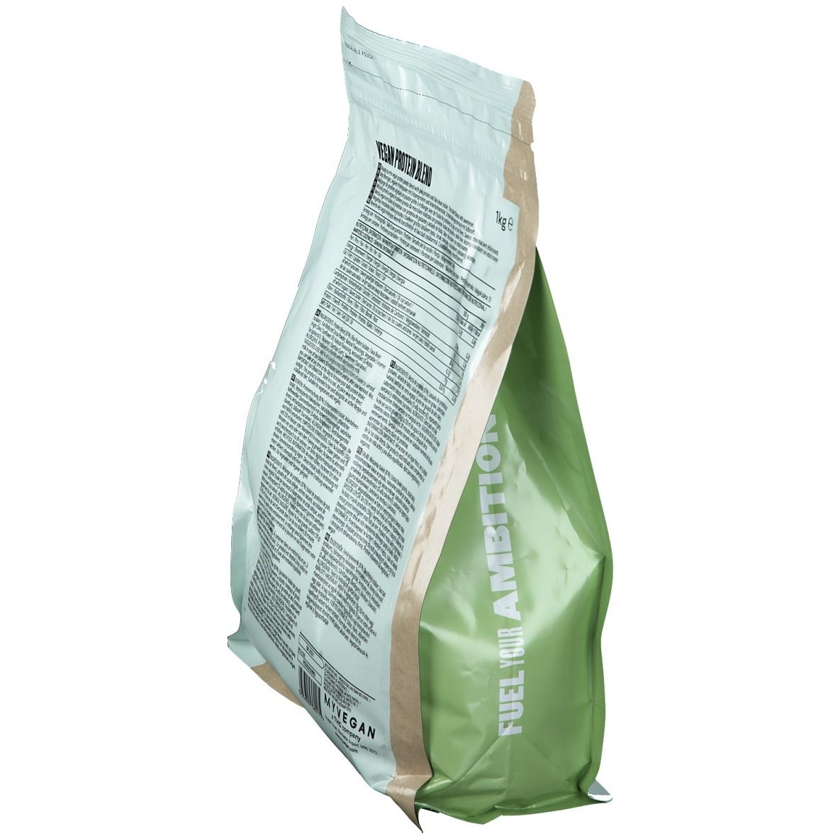 Rückseite des Beutels 'Vegan Protein Blend'. Text mit Nährwertangaben. Marke Myvegan. Seitenansicht.