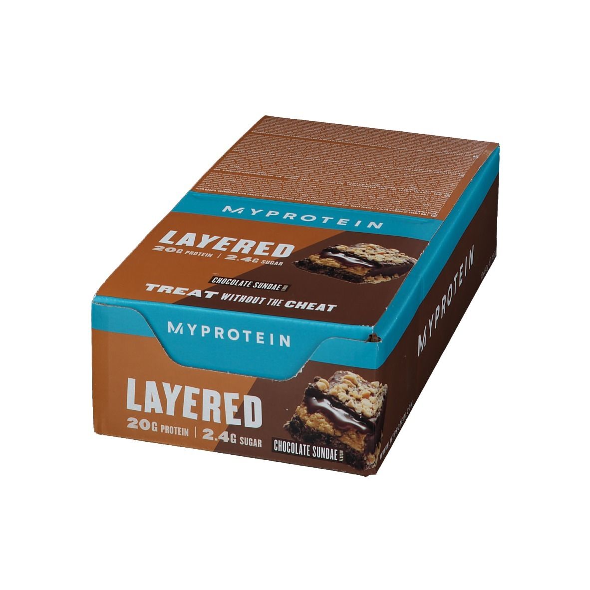 Proteinriegel-Verpackung. Aufschrift: MYPROTEIN LAYERED, 20g Protein, 2,4g Zucker, Chocolate Sundae. Braune und blaue Verpackung.