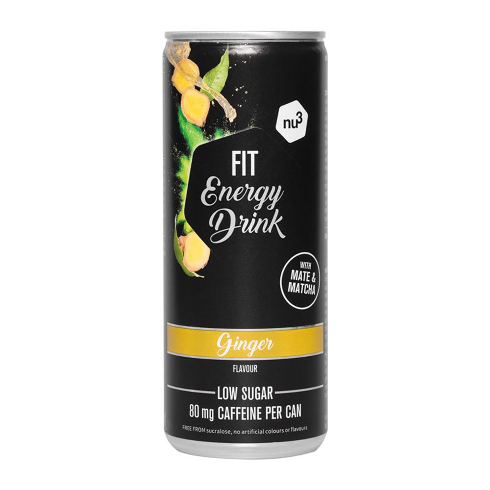 Schwarze Dose mit "nu3 Fit Energy Drink", Ingwer-Geschmack, Mate & Matcha. Enthält 80 mg Koffein.