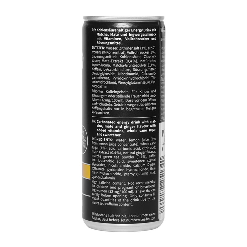 Rückseite der Dose "nu3 Fit Energy Drink". Zutaten, Nährwertangaben, Warnhinweise und Herstellerinformationen.