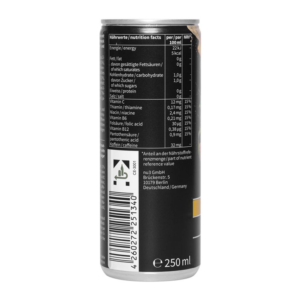 Nährwerttabelle auf der Dose "nu3 Fit Energy Drink". Angaben pro 100ml, u.a. Energie, Fett, Kohlenhydrate, Vitamine.