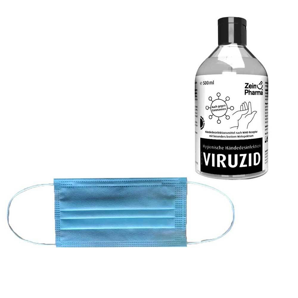 Mund- & Nasenschutz Einweg 3-lagig 50 Stück + hygienisches Handdesinfektionsmittel Viruzid