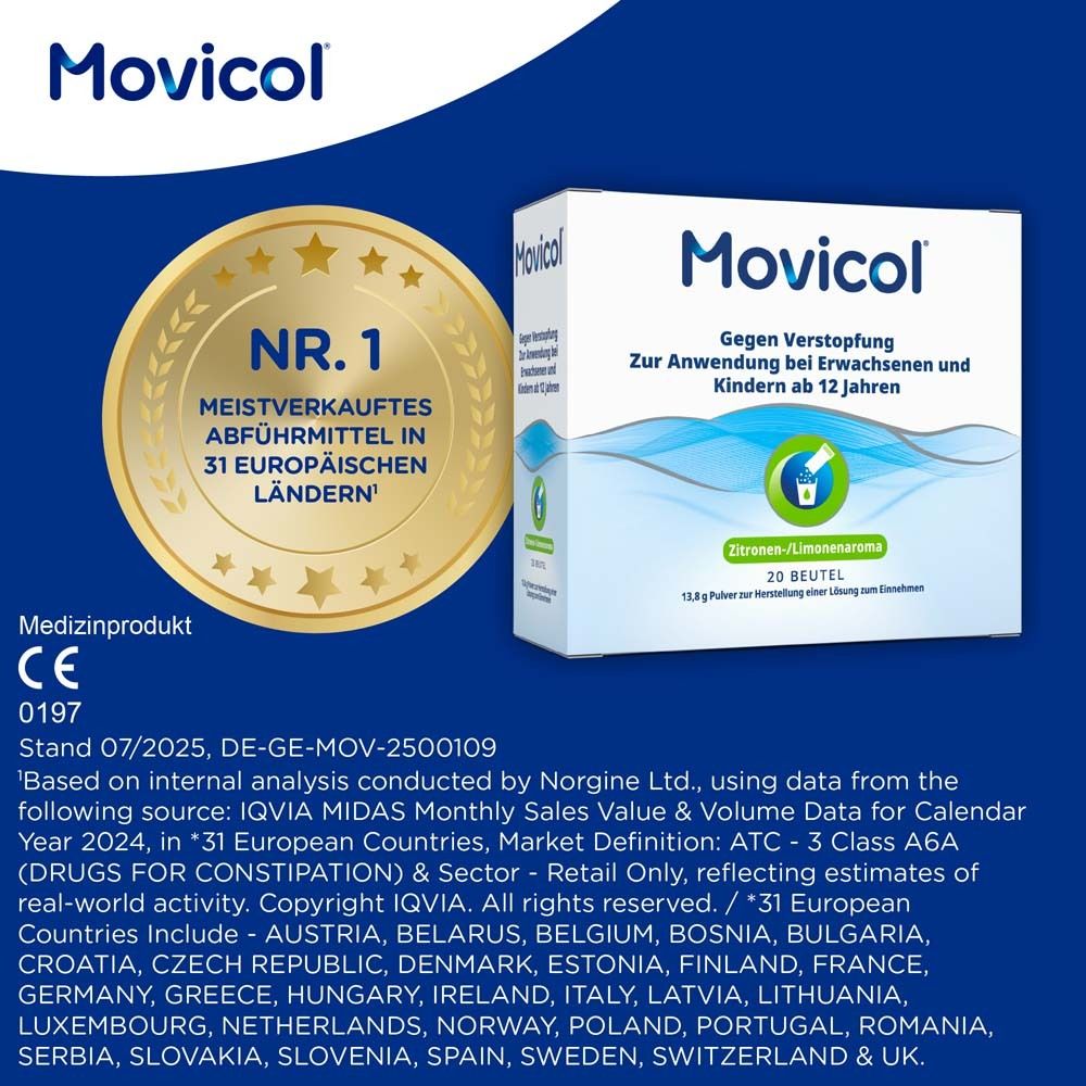 MOVICOL®-Packung mit Auszeichnung „Nr. 1 meistverkauftes Abführmittel in 31 europäischen Ländern“. Text und CE-Kennzeichnung.