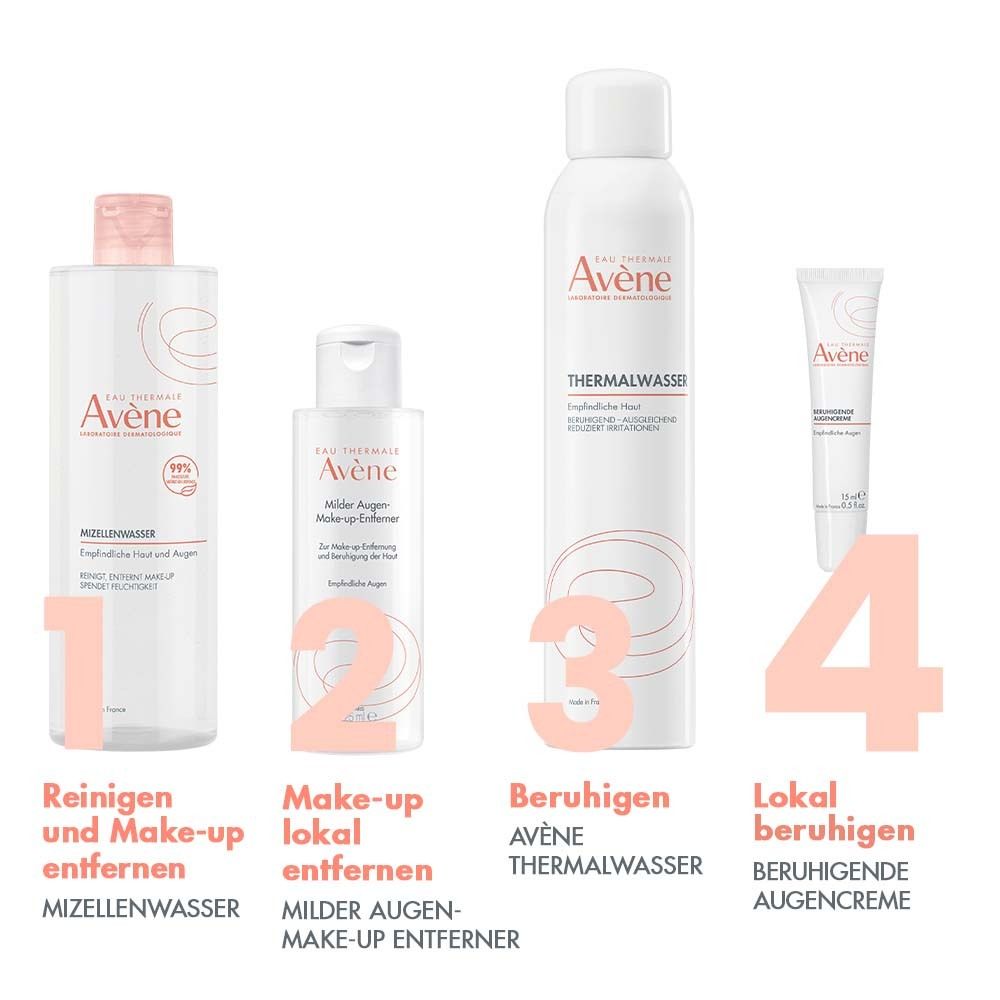 Vier Produkte nebeneinander. 1: Mizellenwasser. 2: Augen-Make-up Entferner. 3: Thermalwasser. 4: Augencreme.