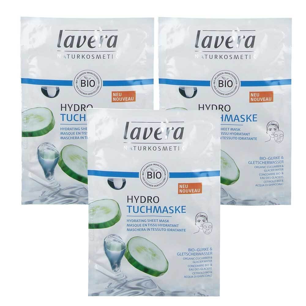 Drei Packungen Gesichtsmasken. Auf jeder Packung steht "lavera", "Hydro Tuchmaske" und "BIO". Abbildung von Gurke und Wasser.