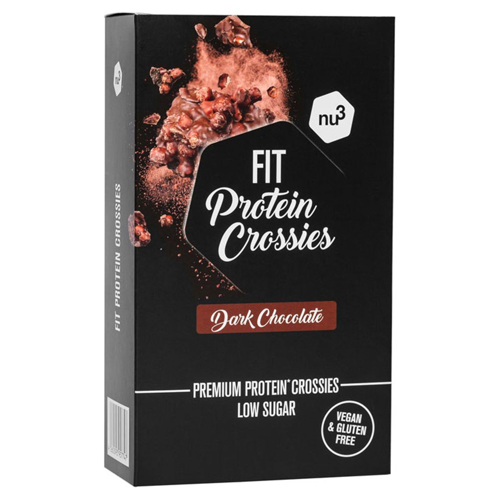 Schwarze Verpackung mit „FIT Protein Crossies“. Text: Dark Chocolate, Premium Protein Crossies, Low Sugar, Vegan & Gluten Free.