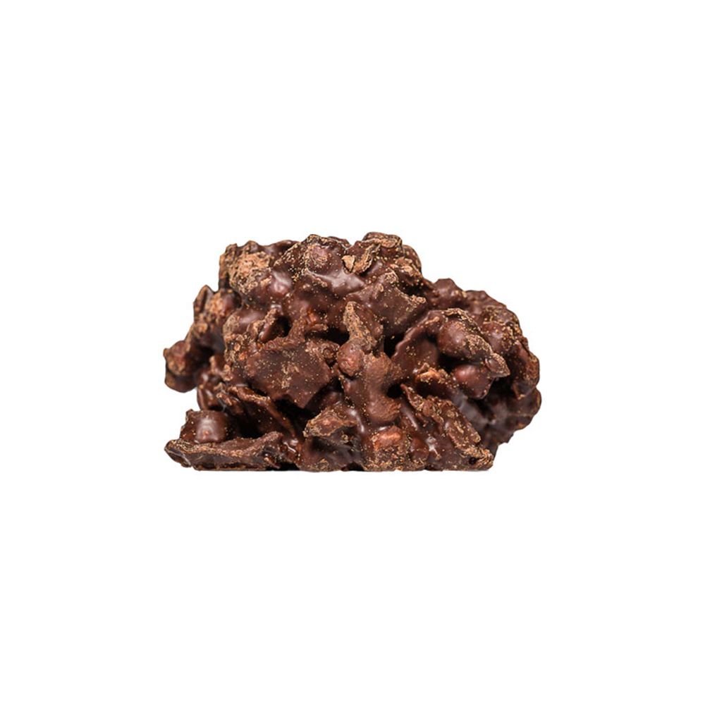 Nahaufnahme eines Protein Crossies. Schokoladenüberzug mit unregelmäßiger Form.