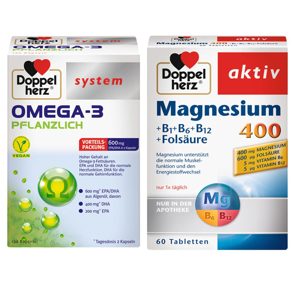 Doppelherz® aktiv Magnesium 400 + B1 + B6 + B12 + Folsäure Tabletten + Doppelherz® system Omega-3 Pflanzlich