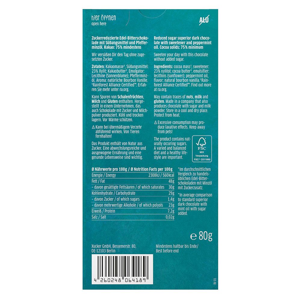 Rückseite der Schokoladenverpackung. Text: Zutaten, Nährwerte, Herstellerinformationen, FSC-Siegel, Mindesthaltbarkeitsdatum.