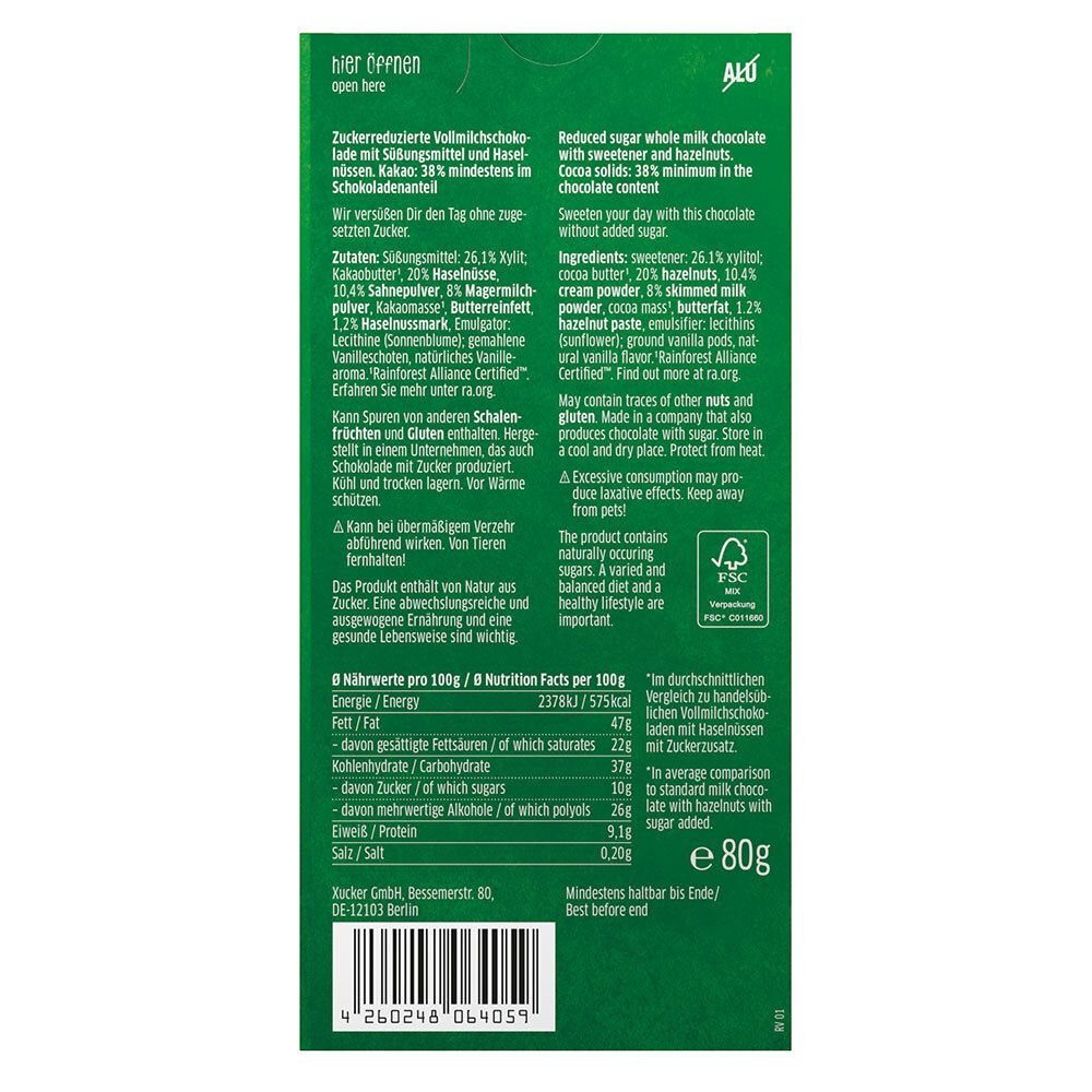 Rückseite der grünen Verpackung. Text mit Zutaten, Nährwerten, FSC-Siegel und Mindesthaltbarkeitsdatum.