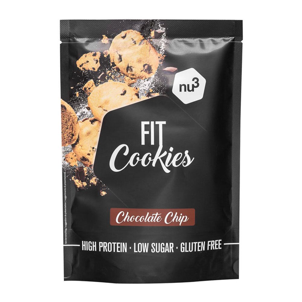 Emballage noir avec logo "nu3" et inscription "FIT Cookies". "Chocolate Chip" en dessous. Texte : High Protein, Low Sugar, Gluten Free.