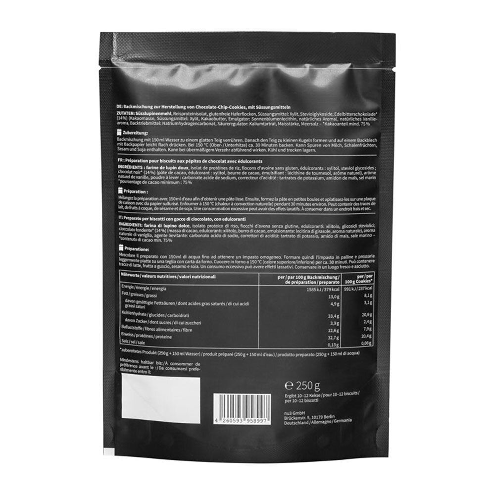 Dos de l'emballage noir. Texte en allemand, français et italien. Contient des informations nutritionnelles et une liste d'ingrédients. Poids : 250g.