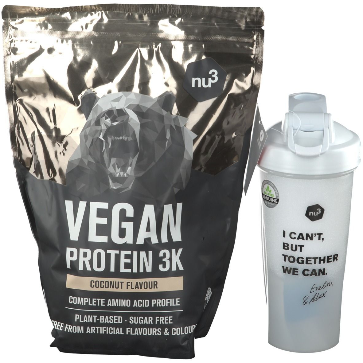 Sachet noir "VEGAN PROTEIN 3K" et shaker. Shaker avec texte "I CAN'T, BUT TOGETHER WE CAN". Marque: nu3.