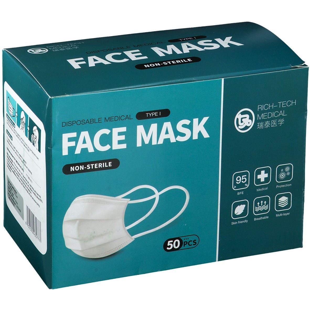 Blau-grüne Box mit "FACE MASK"-Aufdruck. Enthält 50 Einwegmasken. Logo und Text "RICH-TECH MEDICAL". Typ I, nicht steril. Abbildung einer Maske.
