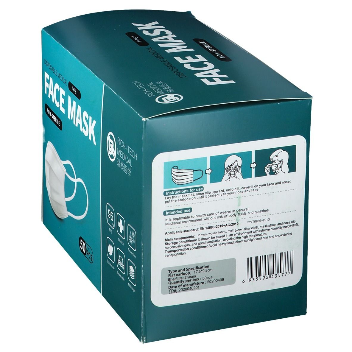 Blau-grüne Box mit "FACE MASK"-Aufdruck. Enthält 50 Masken. Seite mit Anweisungen und Spezifikationen. Logo "RICH-TECH MEDICAL".