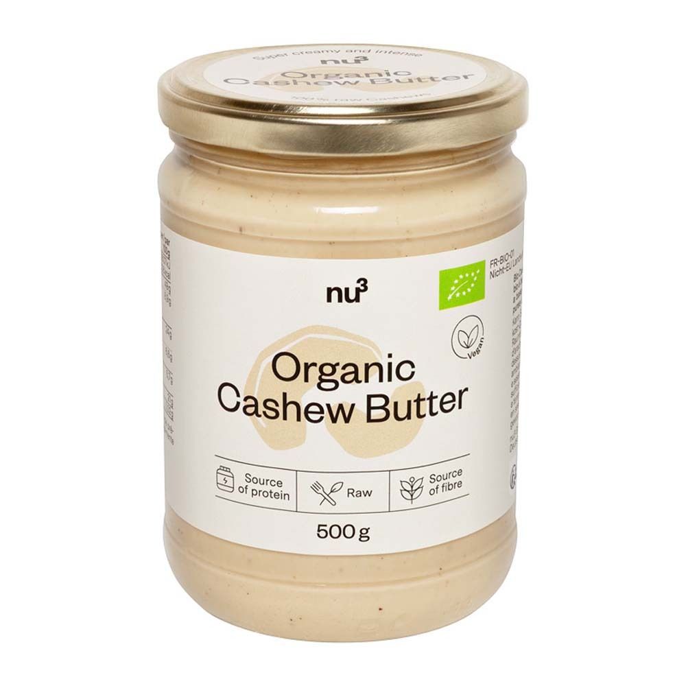 Glas mit nu3 Organic Cashew Butter. Aufschrift: Organic Cashew Butter, 500g, Quelle für Protein und Ballaststoffe.