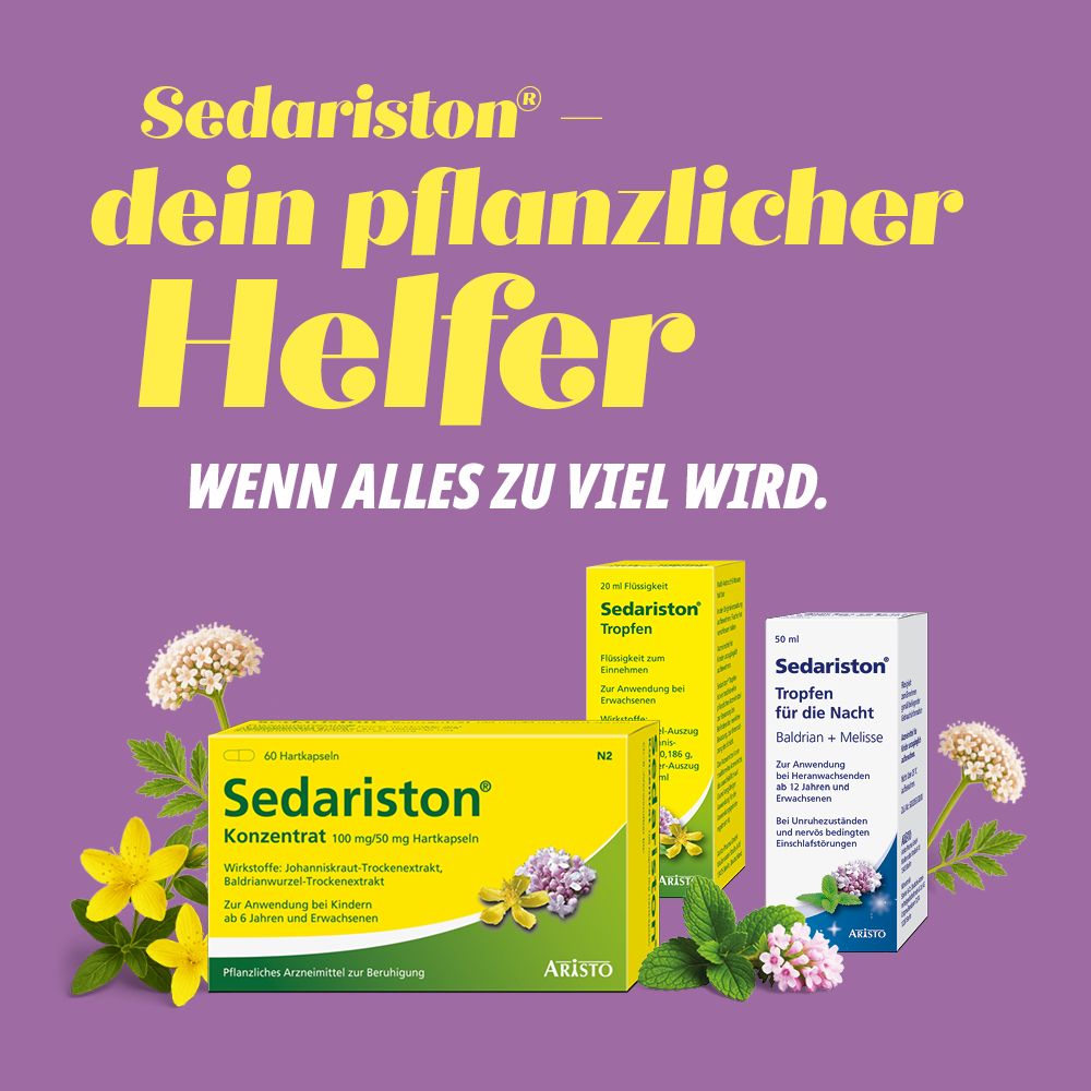 Verschiedene Sedariston-Produkte. Text: Dein pflanzlicher Helfer, wenn alles zu viel wird.