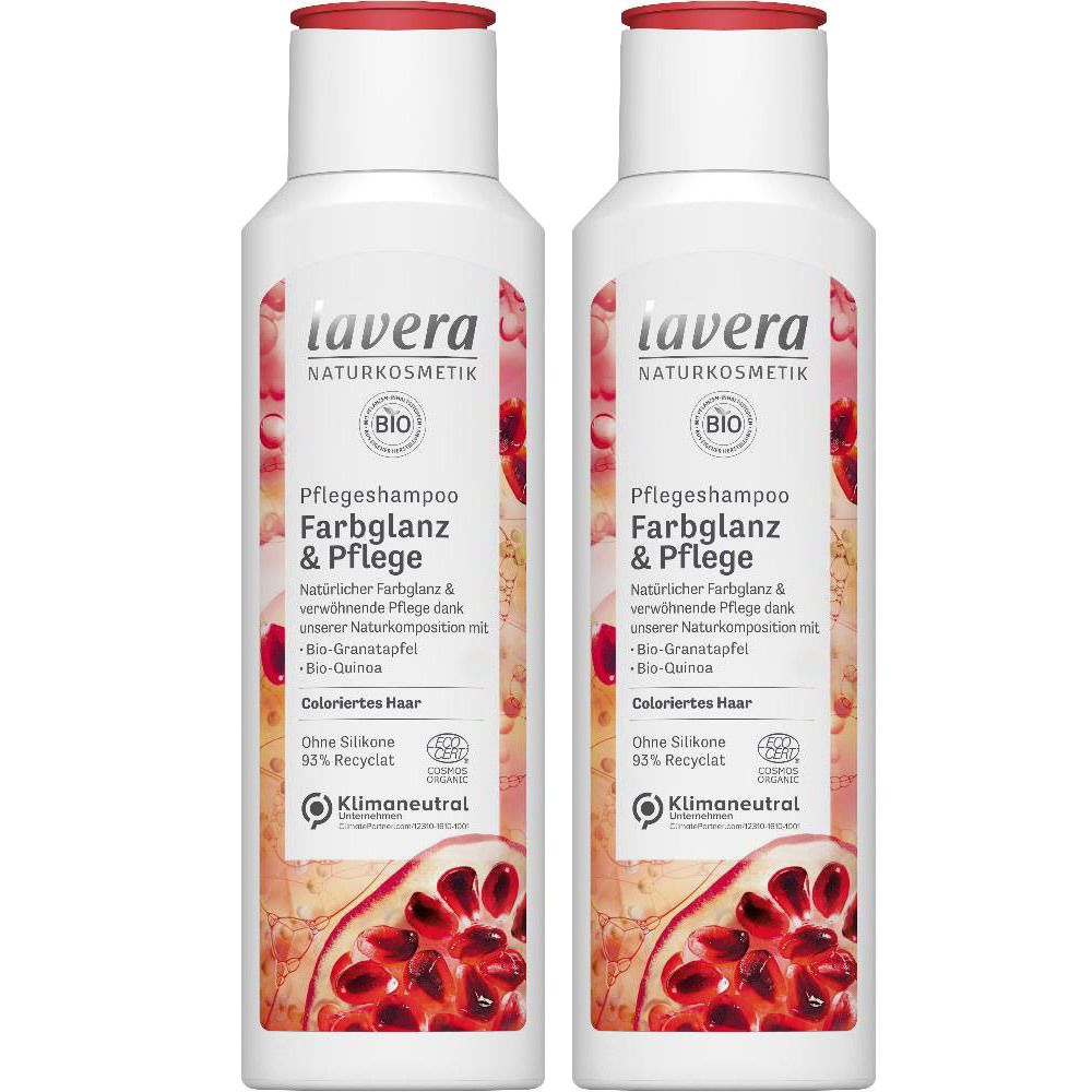 Deux flacons de shampooing Lavera Pflegeshampoo Farbglanz & Pflege. Étiquette blanche avec nom du produit, label bio et illustration de grenade.