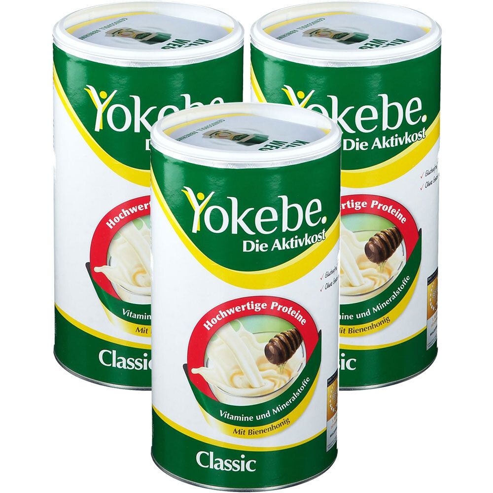 Drei Dosen Yokebe Classic. Grün-weißes Design mit Produktinformationen und Logo. Aufschrift: Hochwertige Proteine, Vitamine und Mineralstoffe.