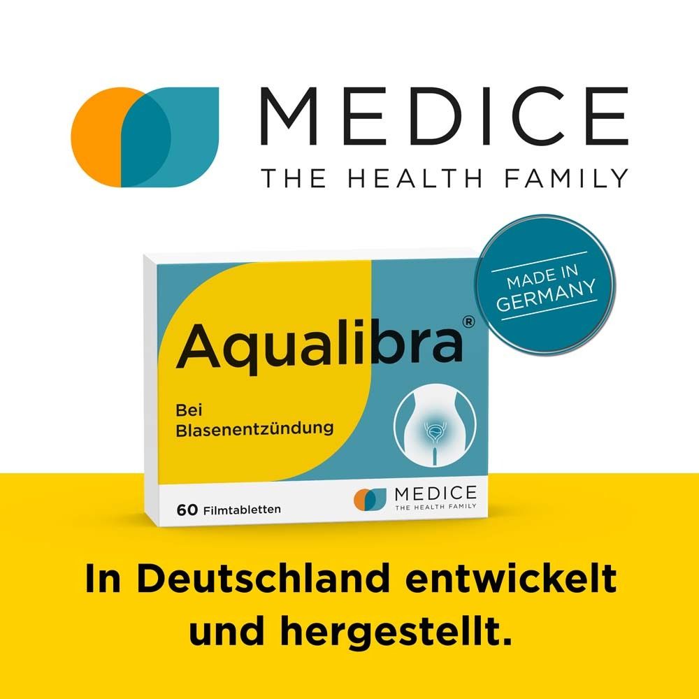 Packung Aqualibra. Aufschrift: Aqualibra, Bei Blasenentzündung, 60 Filmtabletten. Logo: MEDICE The Health Family. Gelber Hintergrund mit Text.
