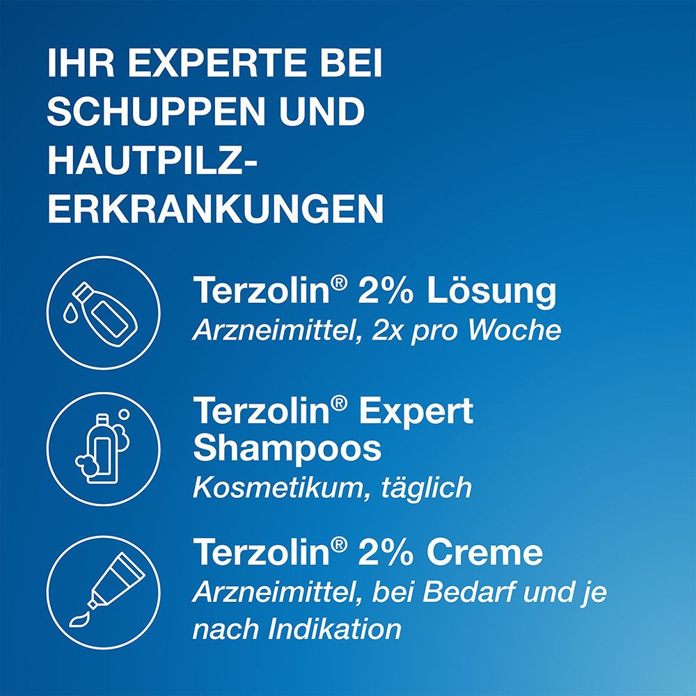 Terzolin® 2% Lösung gegen Schuppen und Juckreiz; bekämpft den Schuppenpilz auf der Kopfhaut ab der ersten Haarwäsche