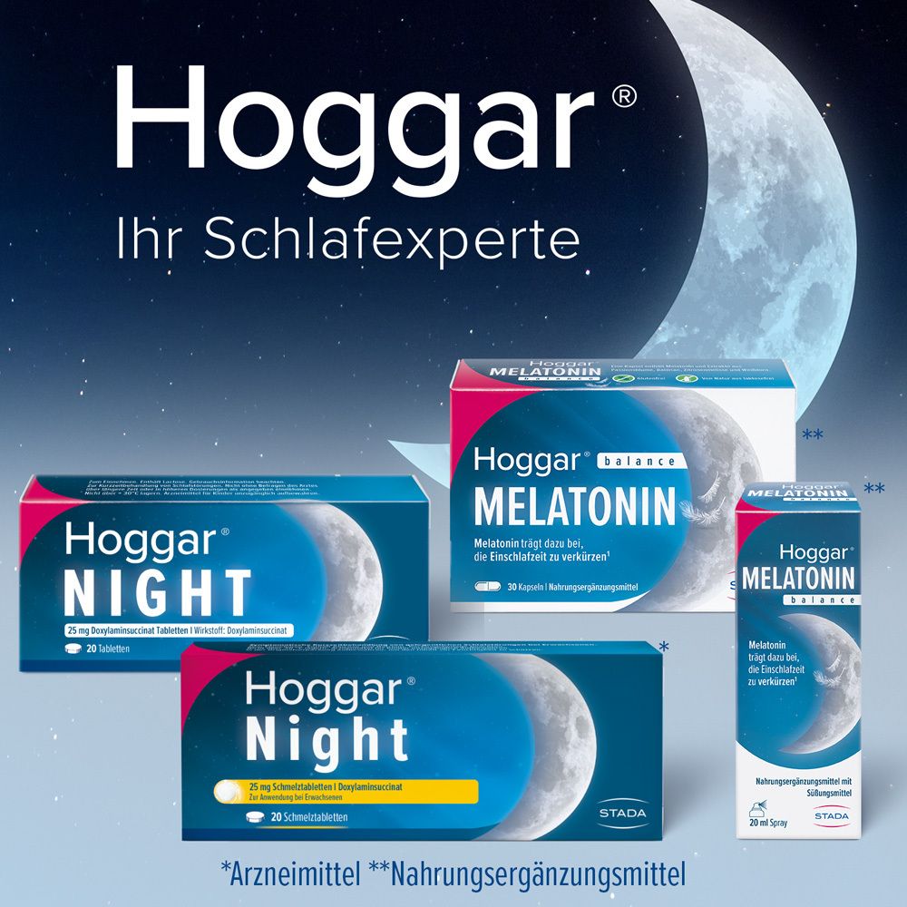Verschiedene Hoggar-Produkte. Blaue Packungen mit Mond und gelbem Halbmond. Text: Ihr Schlafexperte. STADA-Logo.