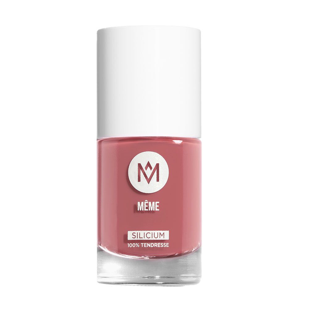 Nagellackflasche mit rosafarbenem Inhalt und weißem Deckel. Auf dem Etikett steht "MÉME" und "SILICIUM".
