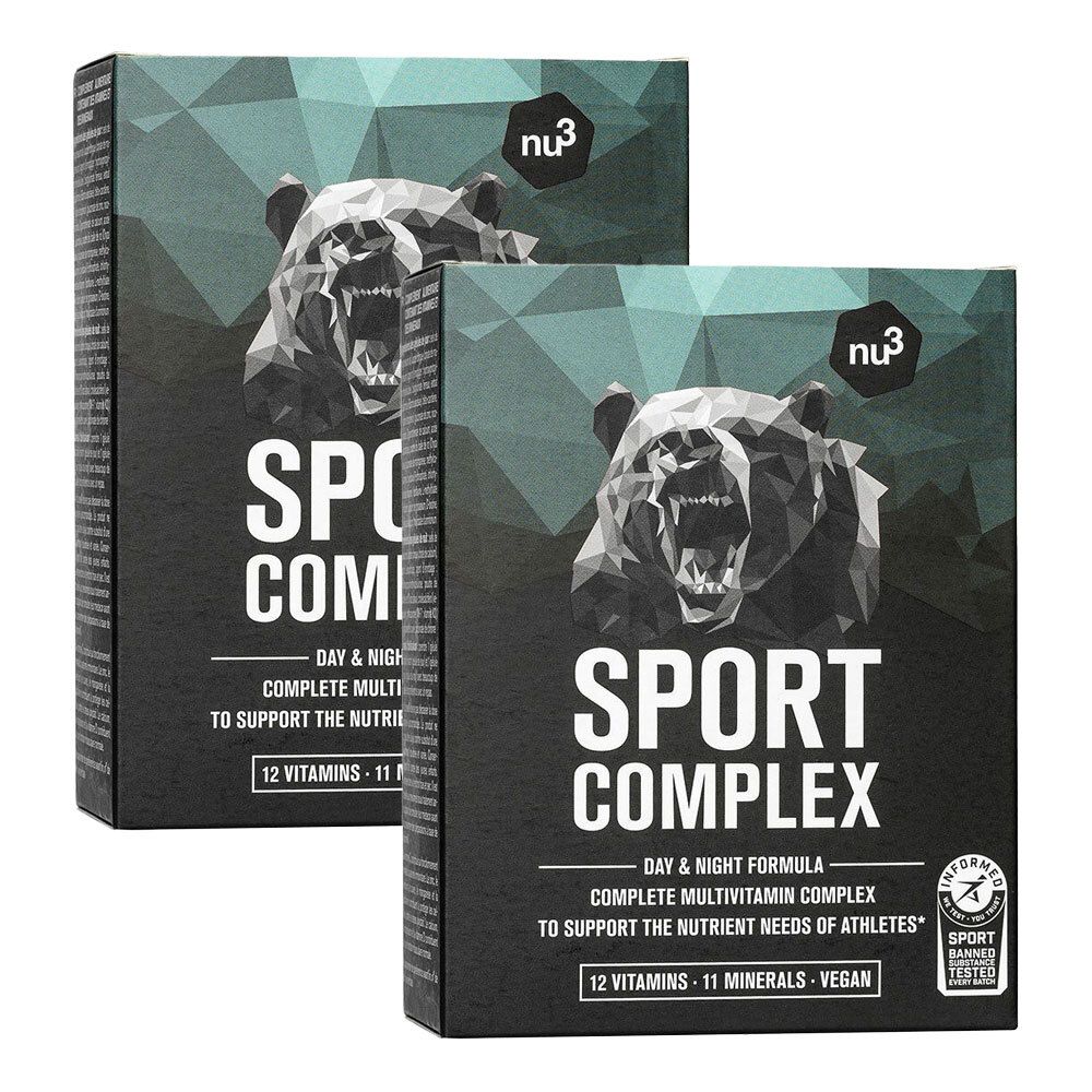 Zwei Schachteln nu3 Sport Complex. Schwarze Verpackung mit Bären-Grafik und Produktinformationen. Vegan, 12 Vitamine, 11 Mineralien.