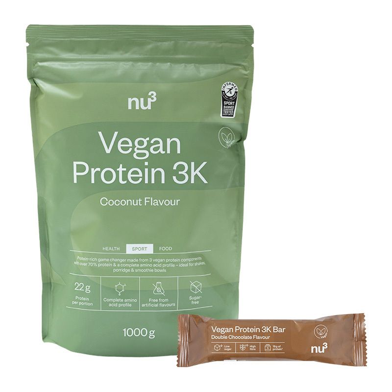 nu3 Vegan Protein 3K Shake, Coconut + nu3 Vegan Protein 3K Bar Double Chocolate