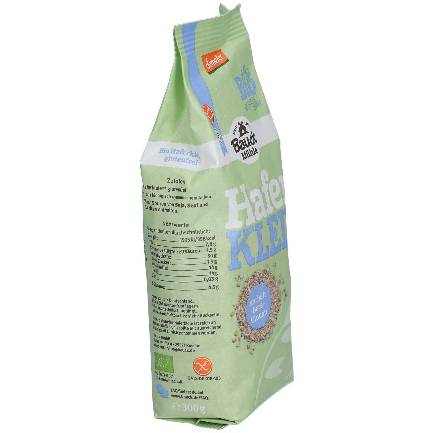 Grüne Verpackung "Bauckhof HaferKLEIE". Bio-Siegel. Glutenfrei-Symbol. Nährwertangaben. 300g.