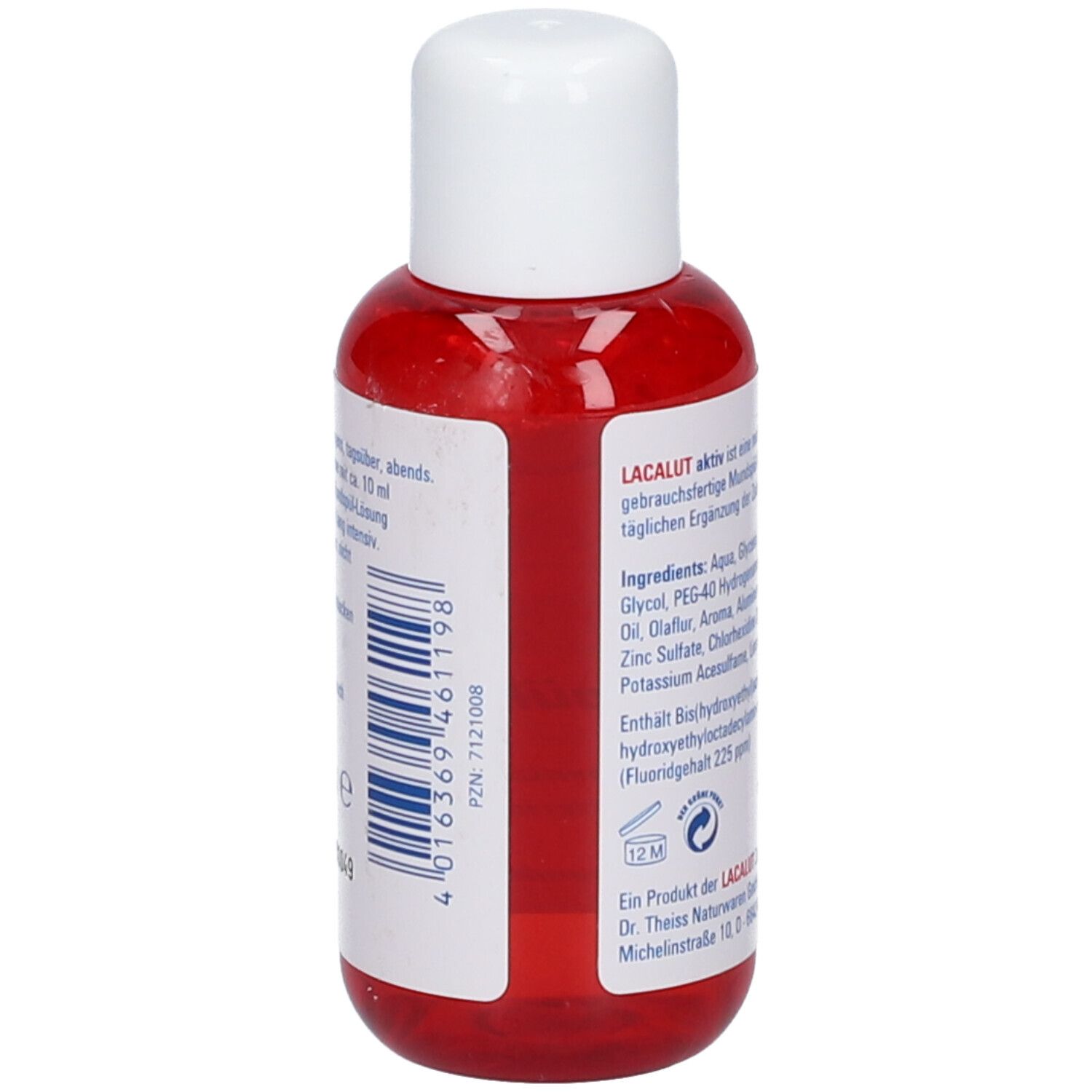 Rote Flasche mit weißem Deckel. Aufgedruckt sind Informationen, Barcode und ein 12M-Symbol.