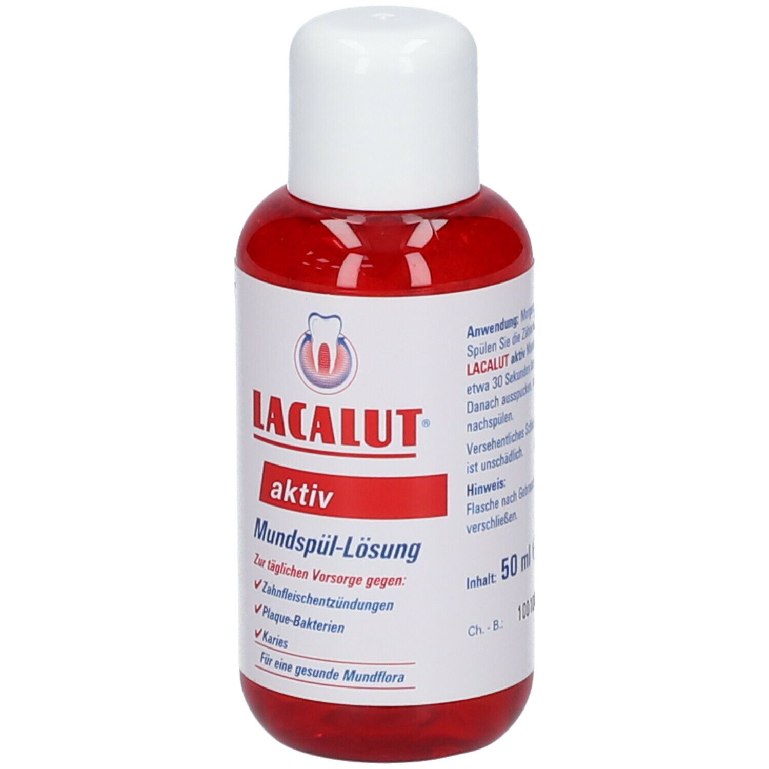 Rote Flasche mit weißem Deckel. Aufschrift: LACALUT aktiv Mundspül-Lösung. Inhalt: 50 ml.
