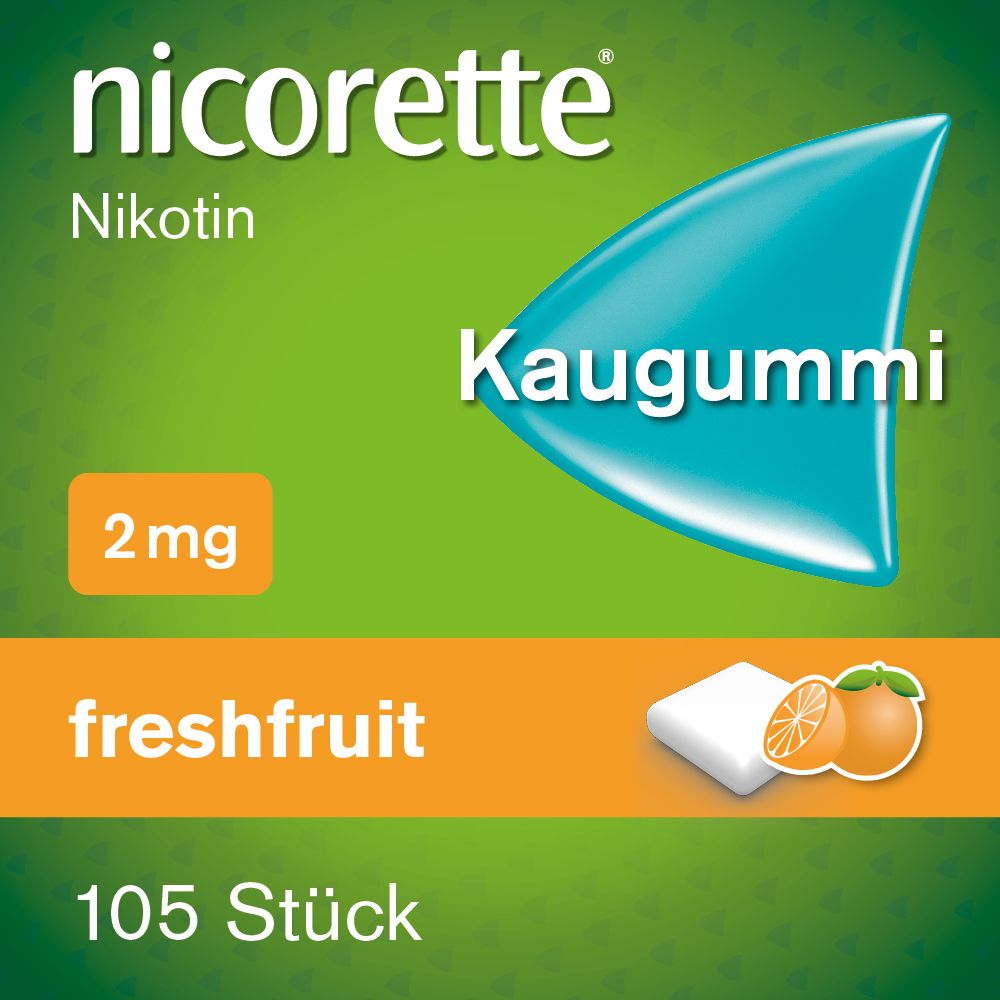 Verpackung nicorette® Kaugummi freshfruit 2 mg. Grün, mit Kaugummi-Abbildung und Produktinformationen.