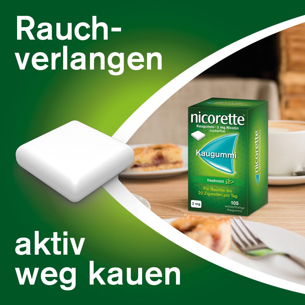 Kaugummi und Schachtel nicorette® Kaugummi freshmint 2 mg auf einem Tisch. Text: aktiv weg kauen.